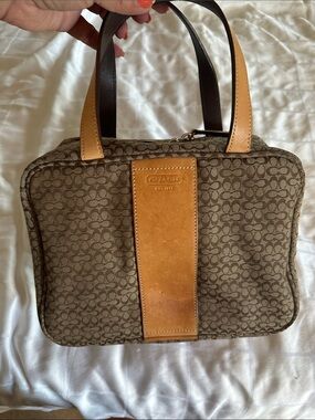 Coach Brown Signature Cosmetic/Travel Bag with Leather Trim